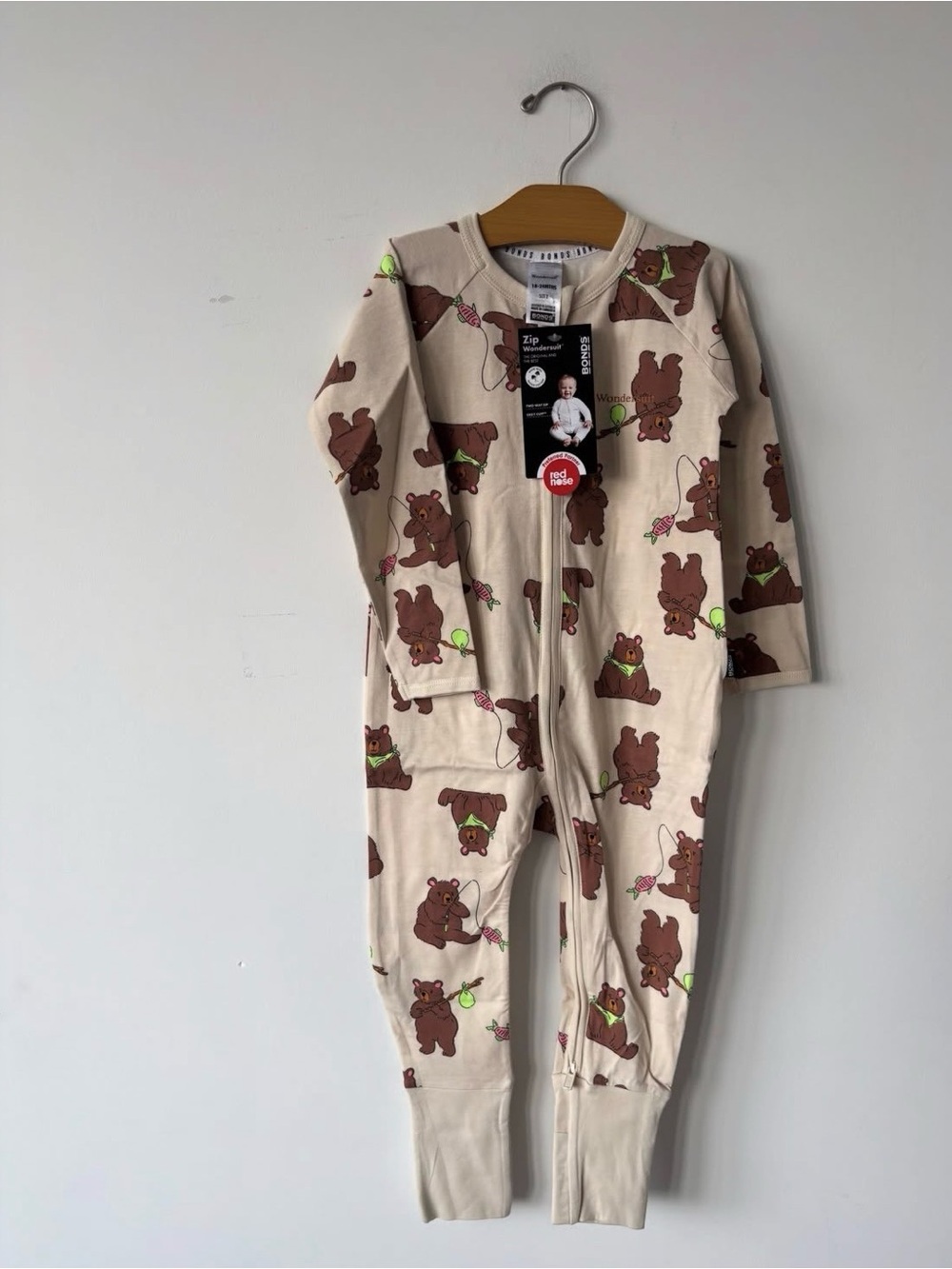 Bonds Beige Bear Print Zip Footie Pajamas with Green Accent